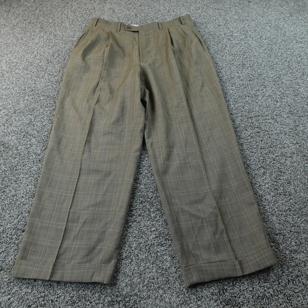 Canali Pants Mens 34X26 Beige Tan Plaid Wool Dress Trouser Pleated Cuffed Italy